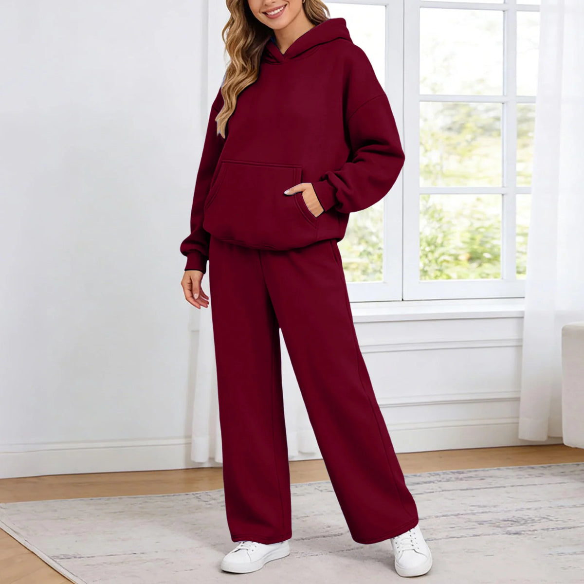 Women 2piece Set Fleece Warm Loose Wide Leg Pants Casual Tracksuit
