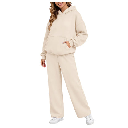Women 2piece Set Fleece Warm Loose Wide Leg Pants Casual Tracksuit