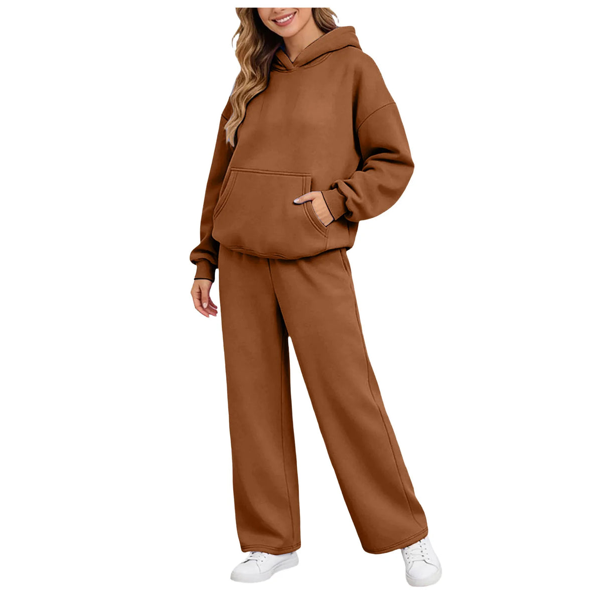 Women 2piece Set Fleece Warm Loose Wide Leg Pants Casual Tracksuit