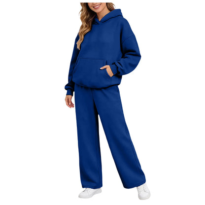 Women 2piece Set Fleece Warm Loose Wide Leg Pants Casual Tracksuit