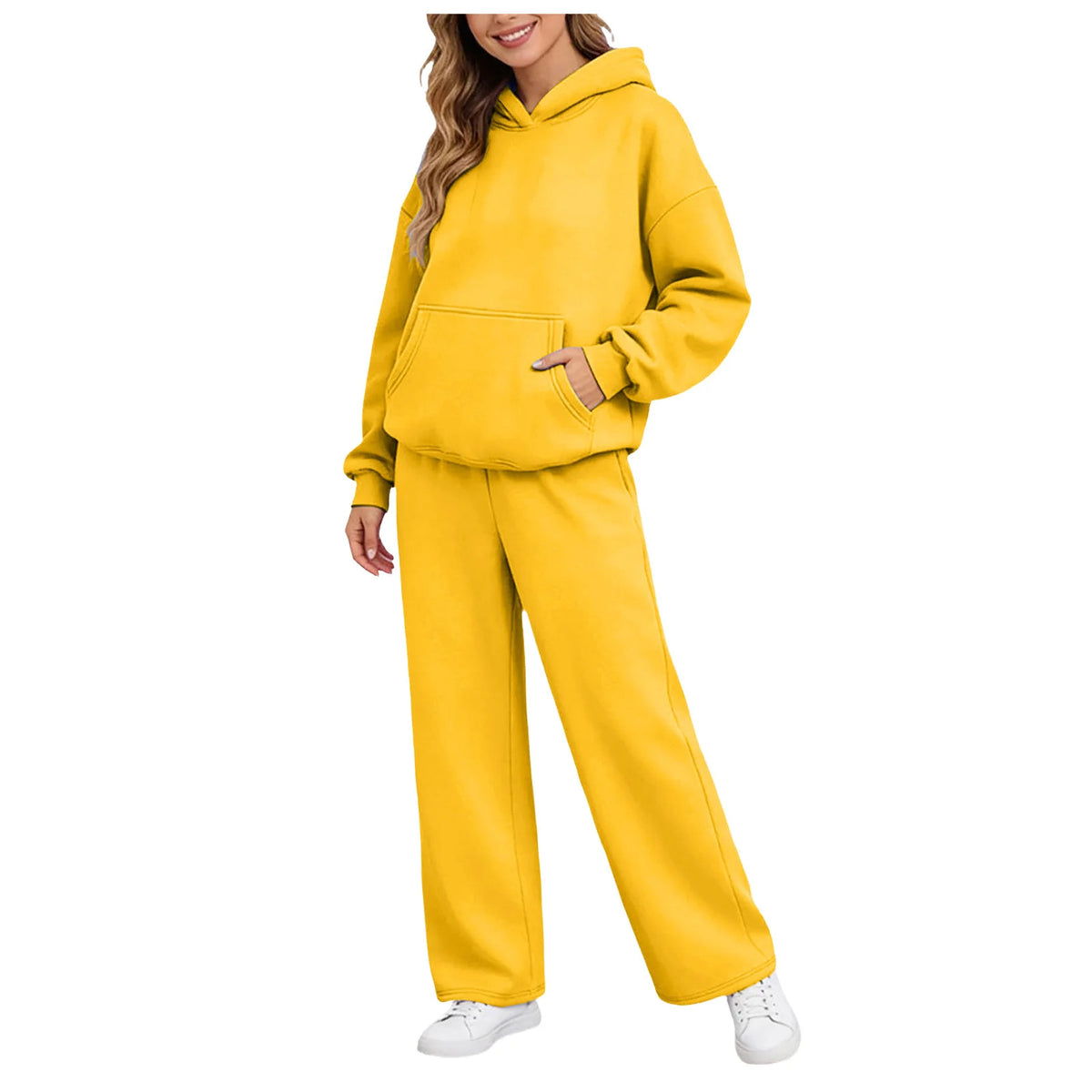 Women 2piece Set Fleece Warm Loose Wide Leg Pants Casual Tracksuit