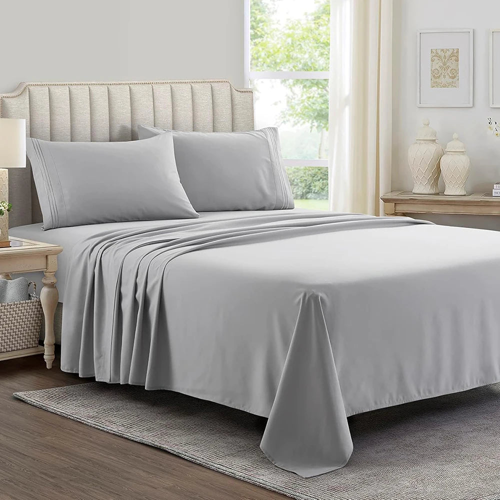 Double Bed Sheets 4Pieces Set Fitted Flat Sheet with Pillowscase Luxury Microfiber