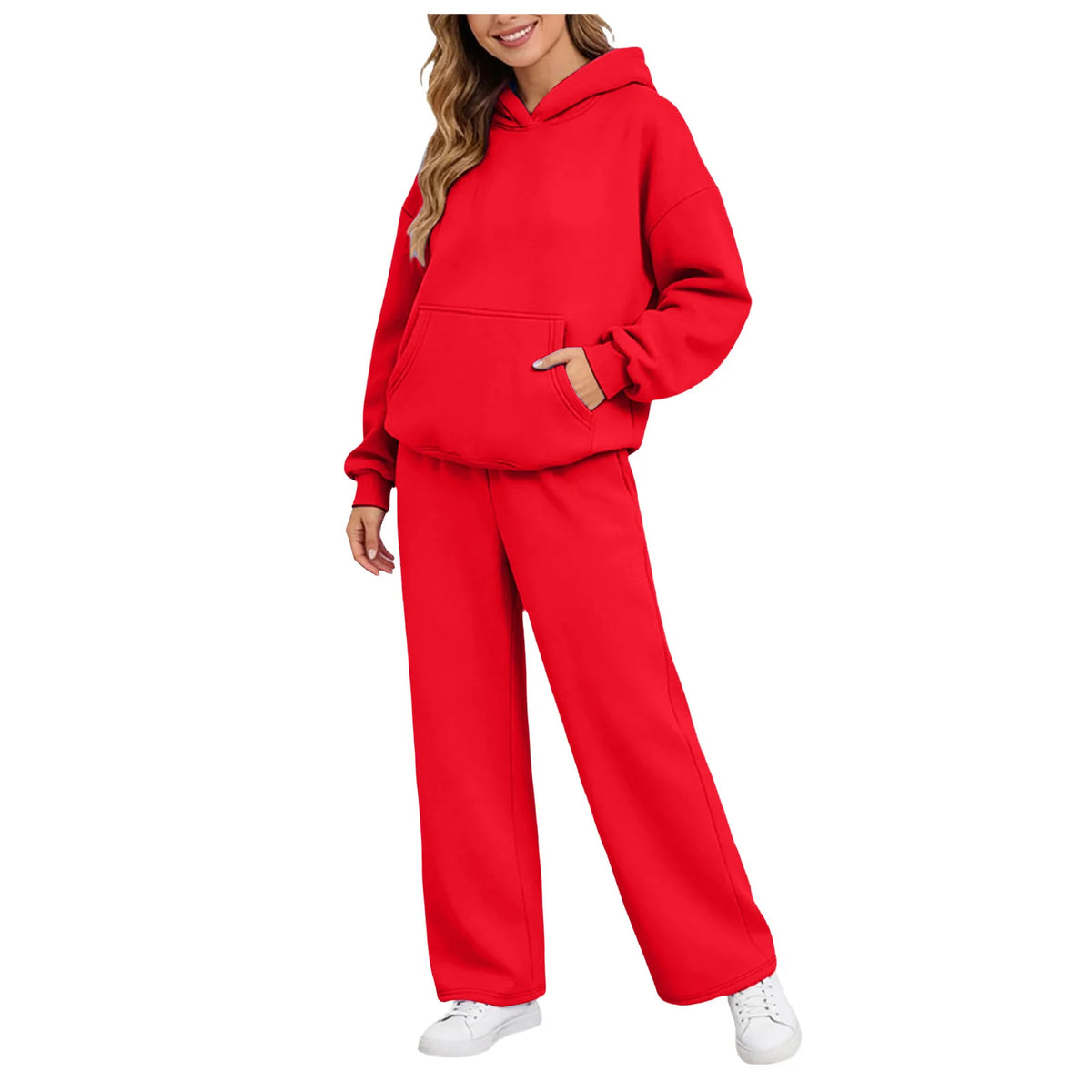 Women 2piece Set Fleece Warm Loose Wide Leg Pants Casual Tracksuit