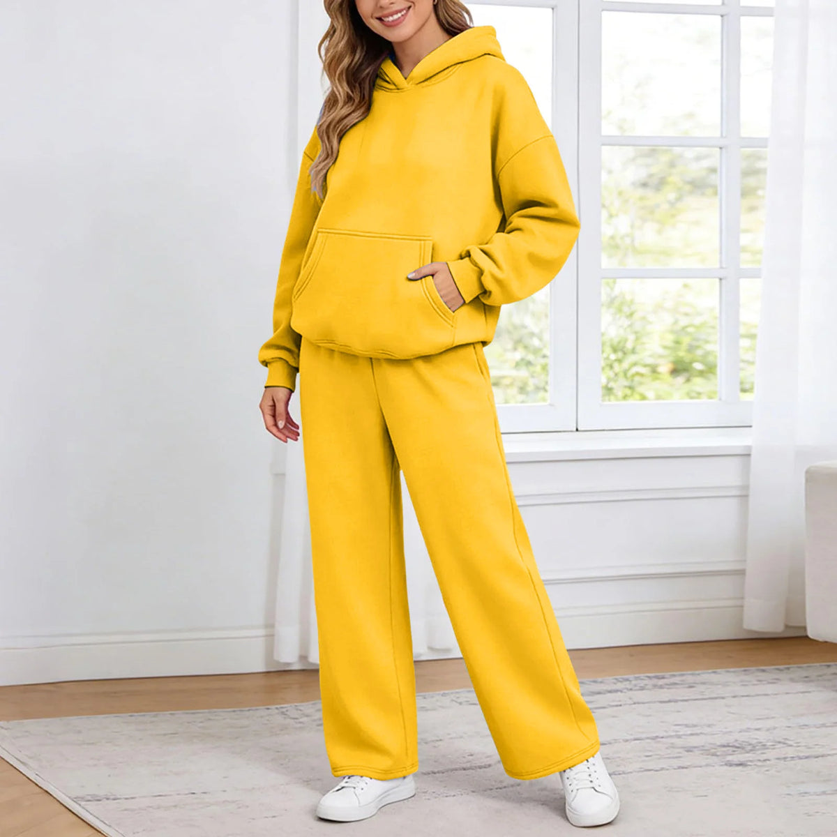 Women 2piece Set Fleece Warm Loose Wide Leg Pants Casual Tracksuit