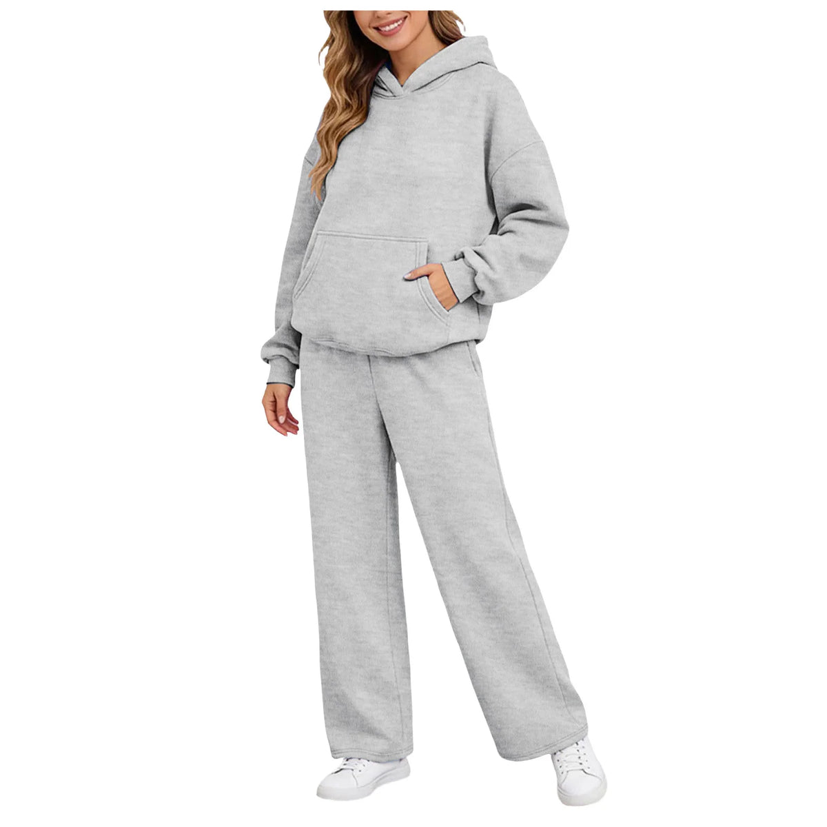 Women 2piece Set Fleece Warm Loose Wide Leg Pants Casual Tracksuit