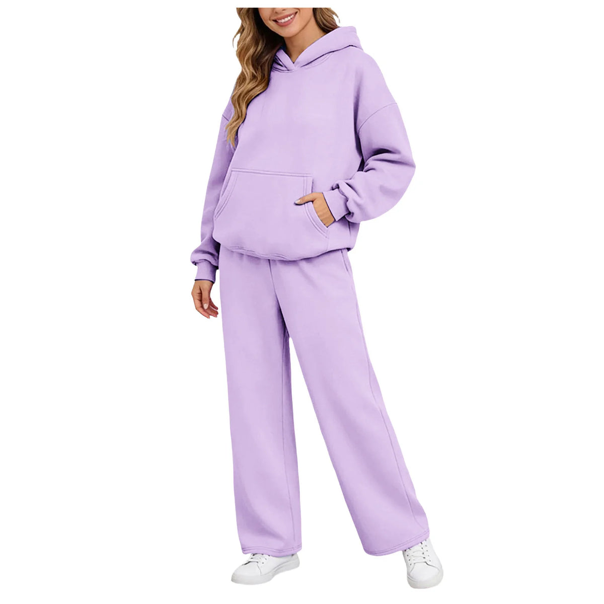 Women 2piece Set Fleece Warm Loose Wide Leg Pants Casual Tracksuit