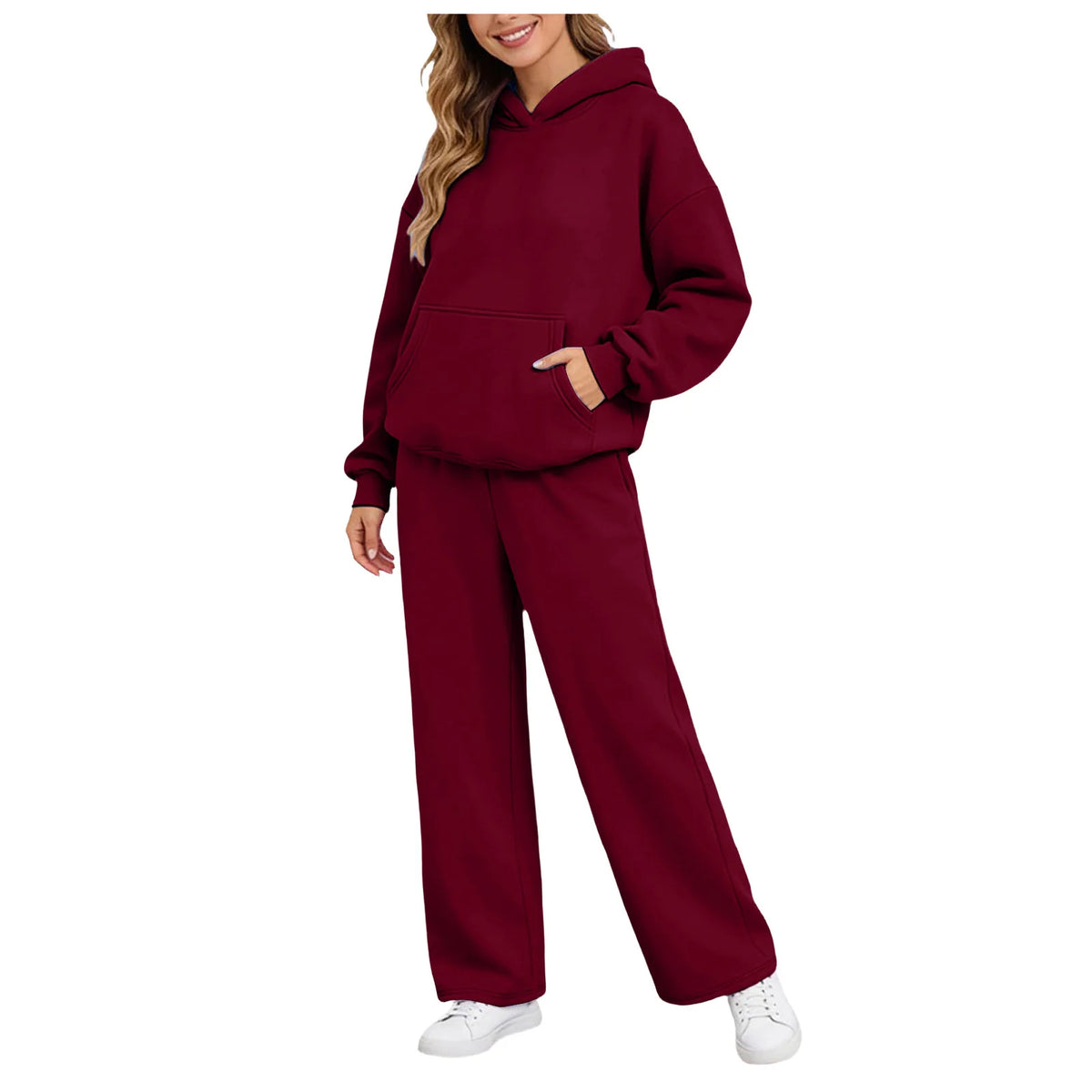 Women 2piece Set Fleece Warm Loose Wide Leg Pants Casual Tracksuit