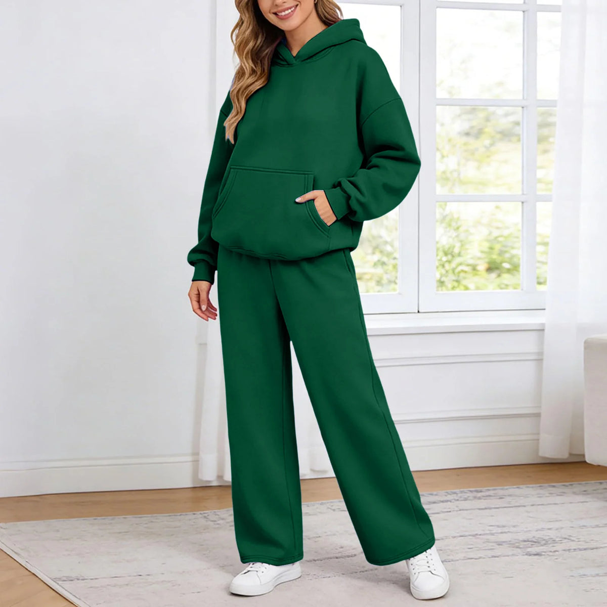 Women 2piece Set Fleece Warm Loose Wide Leg Pants Casual Tracksuit